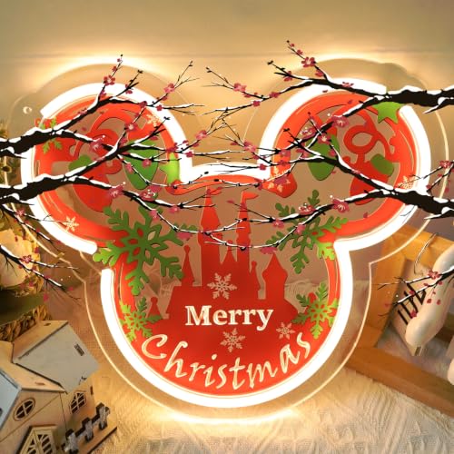Image of Christmas Mouse Ear Neon Sign for Wall Decor - Dimmable LED Festive Castle Light with USB Power - Xmas Holiday Decoration for Home, Bedroom, Kids Room, Fireplace (11.81 inch x 9.84 inch)