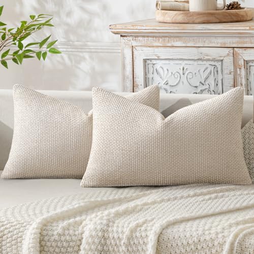 Image of MIULEE Pack of 2 Lumbar Couch Throw Pillow Covers 20x12 Inch Neutral Beige Modern Boho Accent Decorative Pillow Covers Soft Chenille Farmhouse Cushion Covers for Home Decor Bed Sofa Living Room