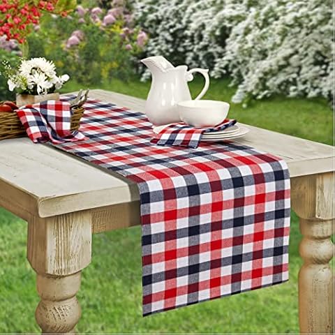 Patriotic American Farmhouse Buffalo Plaid Cotton Table Runner by Home Bargains Plus, Checkered Red, White and Blue Cottage Gingham Easy Care Table Runner, 70” Long Table Runner Cover