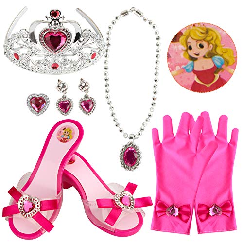 Girl Princess Dress Up Shoes Set Princess Role Play Collection Kit Pretend Jewelry Toys Accessories Set with Tiaras Crown Gloves Necklaces Earrings Gift for Birthday Halloween Christmas Costumes Party