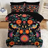 Nesker 7 Pcs Comforter Set Queen Size, Colorful Mexican Flower Bedding Set for Kids and Adults, Retro Floral Leaves Bed Sheet Sets with Fitted Sheet 2 Pillowcases & 2 Shams