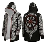 Vhersily Veste à Capuche Pour Homme, 3D Imprimer Moyenne Longueur Viking Cosplay Manteaux Cardigan Hipster Long Sweat-shirt De Moto, Classique, Streetwear Avec Poche, Hiver Coupe Vent Vestes, Noir