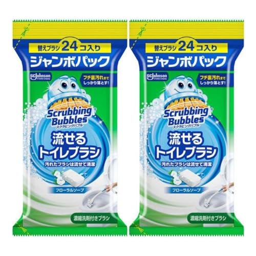 【まとめ買い】スクラビングバブル 流せるトイレブラシ フローラルソープの香り 付け替え48個入り(24個×ジャンボパック2袋)|強力洗浄&衛生的|使い捨てブラシで手が汚れず簡単トイレ掃除 (付替, 2, 個)