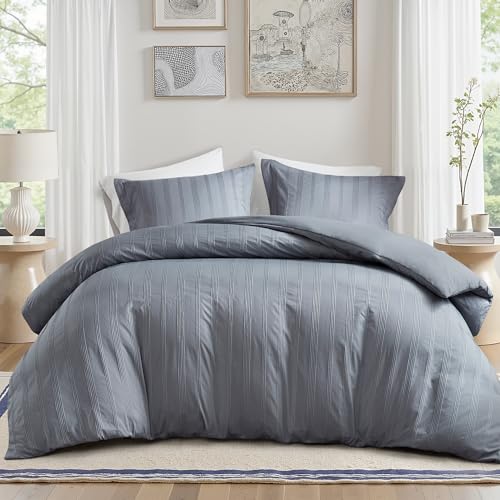 Image of Madison Park Essentials Striped Duvet Cover Set King, Modern Minimalist Bedding Set with Premium Jacquard Stripe, 3 Pieces Duvet Cover Reversible with Zipper Closure & Corner Ties,Blue /Grey