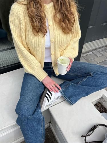 Image of Women's Casual Puff Long Sleeve Crew Neck Cardigan Button Down Open Front Knit Loose Sweater Outwear