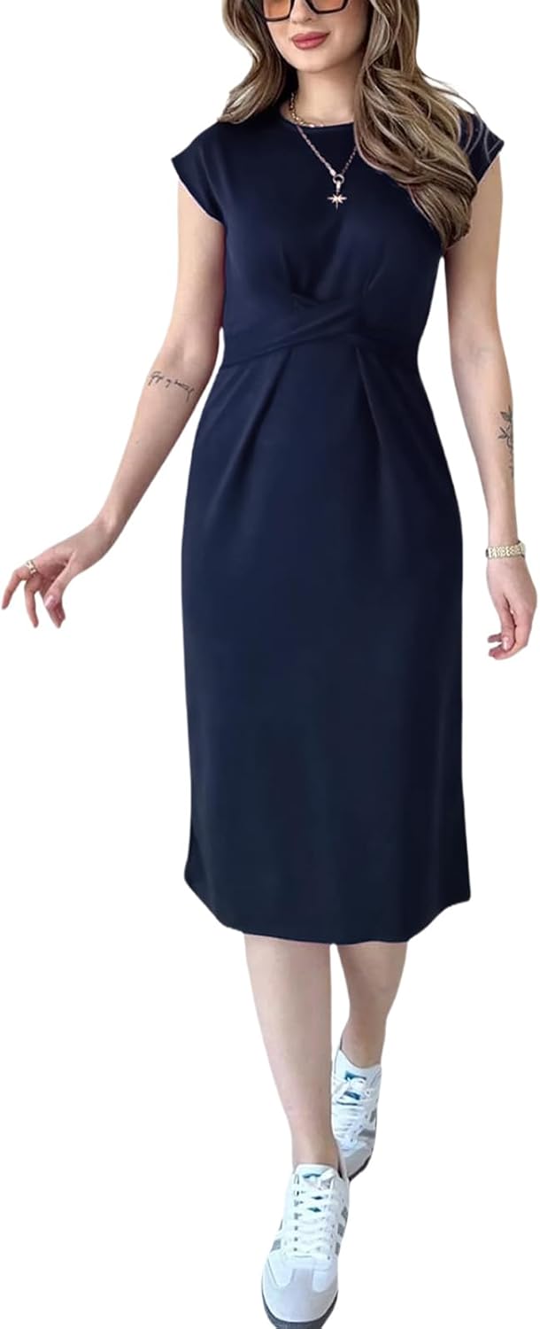 Women's Crewneck Casual Bodycon Dress Cap Sleeve Tie Waist Pencil Midi Dresses