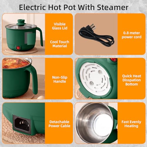 Image of Electric Cooking Pot with Steamer 1.5L | Multi-Function Mini Cooker | Non-Stick Inner | Travel Friendly Kitchen Appliance (Green, Without Steamer)