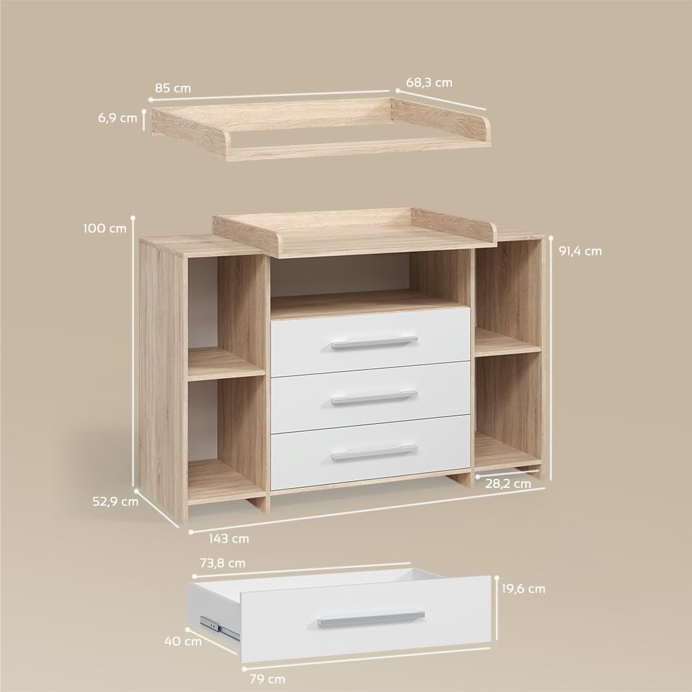 Livinity Commode à Langer Torino, Blanc/Sonoma, XL avec tiroirs