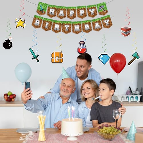 Image of Pixel Style Happy Birthday Party Banner Decorations, Mining Adventure Theme Party Banner, Cartoon Birthday Party Decorations Supplies