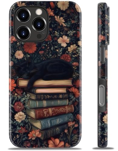 DEENAKIN for iPhone 16 Pro Case - Wireless Charging Compatible - Dual-Layer Hard Shell & Silicone Cover - Protective Phone Case with Trendy Cute Designs for Women - Black Cat Sleeping on Books
