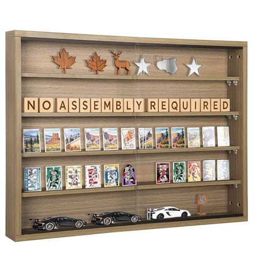 Odjaraye 5-Tier Wall Mounted Display Cabinet, No Assembly Required Ready to Use Out of the Box Glass Door Display Case with Adjustable Shelves for Bedroom Playroom, Natural