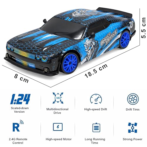 Image of 2.4GHz Remote Control Glowing Drift Car Toy for Kids with LED Lights - 4WD 15Kmph RC Drifting Car with Extra Rubber Tires, Cones Barriers & Rechargeable Battery - Color and Design As Per Stock