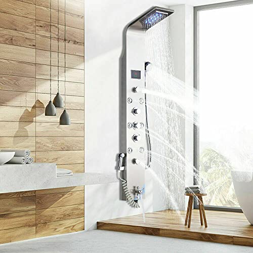 Shower Panel Tower LED Water Waterfall Massage Body System Faucet hot and Cold Water Mixing Faucet Shower Column-Brushed Nickel-E miniatura 1