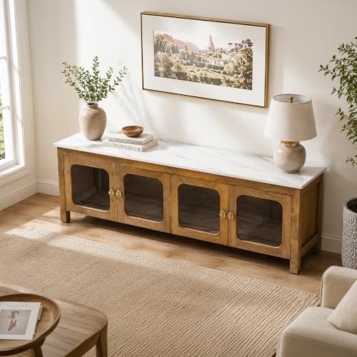 Image of The Attic Crestwood Solid Wood TV Cabinet with Glass Doors, Sideboard Storage & Display Cabinet for Living Room & Dining Room, Handcrafted Wood, Light Teak Finish