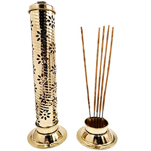 Quemador de Incienso (incensario) diseño Floral Hecho en Latón Dorado - 27 cm de Alto, Base 8 cm y Tapa 5 cm - Peso 155 g. Soporte Incienso Puede Contener hasta 5 barritas de Incienso.