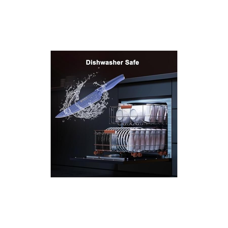 Mealia 6-Piece Kitchen Knife Set with Universal Knife Block, Non-stick Sharp Stainless Steel Knives, Ergonomical Design, Dishwasher Safe, Purple&Black