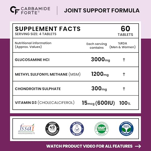Image of Carbamide Forte Glucosamine Tablets For Joint Support Supplement with Vitamin D3 & Glucosamine Chondroitin MSM | Joint Cartilage Support & Muscle Health | Joint Support Tablets - 60