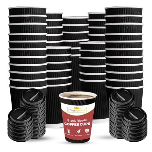 CHEF ROYALE 100x 8oz Disposable Coffee Cups with Lids - Insulated Triple Walled Takeaway Cofffee Cups - Disposable Cups for Hot and Cold Drinks - Ripple Cups for Birthdays Parties (100, 8oz)