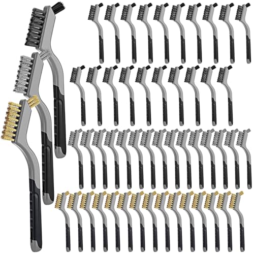 Image of Reallnaive 50 Pcs Mini Wire Brush Set 7 Inch Stainless Steel Brass Nylon Bristles Small Wire Brushes for Rust Removal Paint Scrubbing Deep Cleaning(Brass /Stainless Steel /Nylon,Gray,Black,Brown)