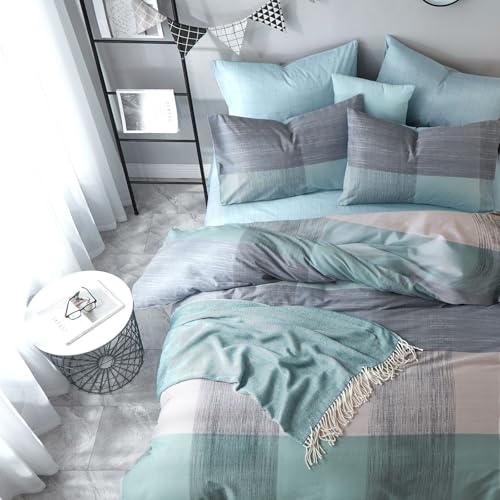 Image of VM VOUGEMARKET Blue Patchwork Duvet Cover Set Queen Multi-Dimensional Design Modern Bedding Set Plaid Mint Green with Stripes Soft Cotton Comforter Cover with Zipper Closure-No Filling