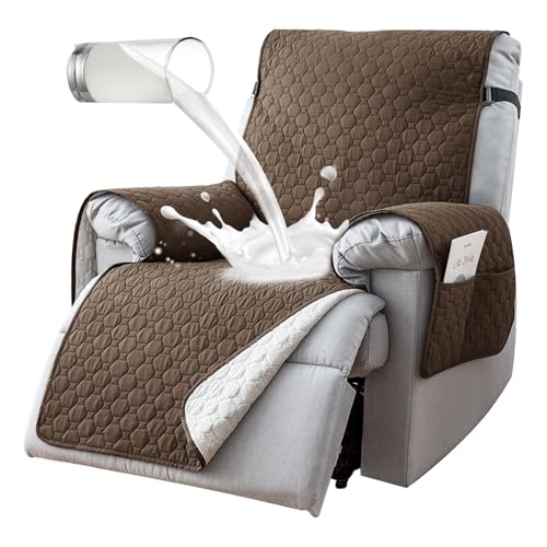 100% Waterproof Recliner Chair Covers, Anti-Slip Recliner Cover, Washable Recliner Slipcover with Pocket, Elastic Straps for Pets, Dogs, Brown