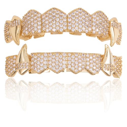 Grills street Hip Hop personality Gold Shiny Copper gold-plated teeth Grillz Vampire fangs Grills Daily wear Halloween and Party Unisex - Comes With Tweezer & Dental Wax