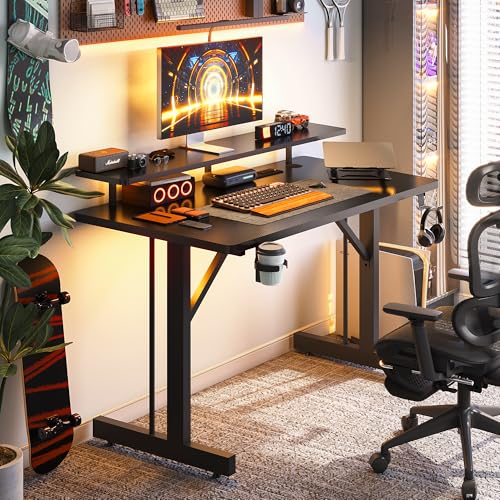 Grandder 100 cm Gaming Desk with LED Lights & Power Outlets, Computer Desk with Monitor Stands, Gamer Table with Hook and Cup Holder, Black - Image 7