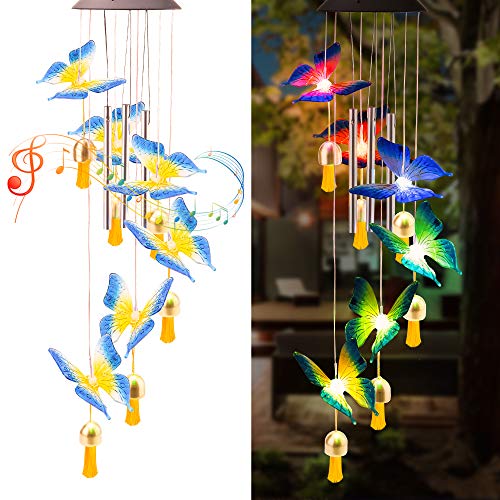 Amasava Solar Wind Chimes for Outside Solar Butterfly Wind Chimes Changing Color with 3 Aluminum Alloy Tubes 31.5