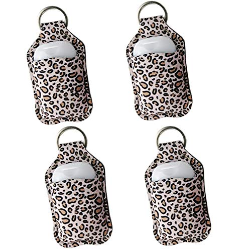 4 Piece Hand Sanitizer Bottle Holder Keyring Neoprene Keychain for 30ML Gym Shampoo Lotion Soap Perfume and Liquids Travel Containers,Leopard print