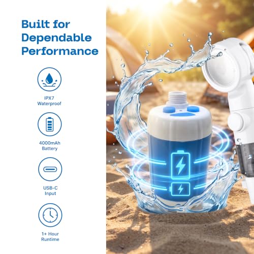 Ducha portátil para camping Xvolt con bomba eléctrica recargable, cabezal de ducha modular, manguera flexible y uso exterior miniatura 6
