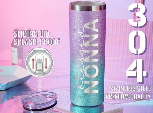 Image of Onebttl Christian Grandma Gifts for Mother's Day, 20oz Purple & Blue Glitter Skinny Tumbler, Straw & Lid Included, Nonna Gifts - Blessed Nonna