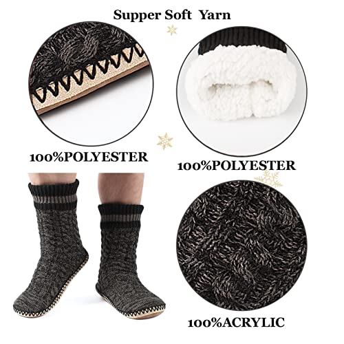 Men's Slipper Socks, Winter Cable Knit Non-Skid Warm Slipper Socks, Cozy Soft Indoor Socks with Fluffy Sherpa Lined3