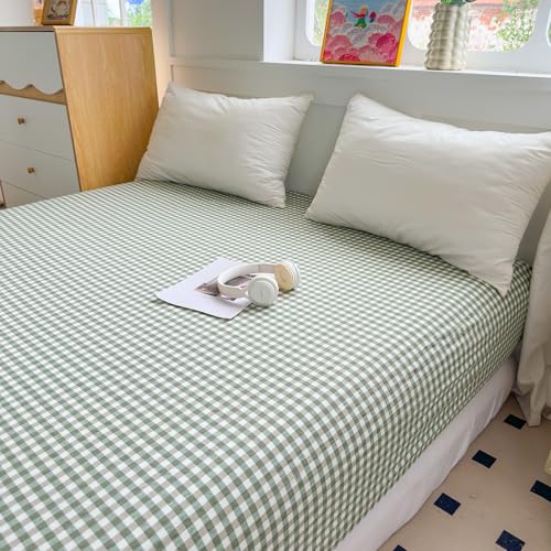 Image of Mucalis Green Gingham Fitted Sheet Queen Only Deep Pocket 16 Inch 100% Washed Cotton Tan White Plaid Checkered Bottom Sheet,Soft,Breathable,Easy Care