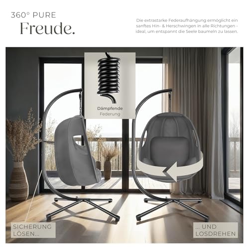 tectake® Hängesessel mit Gestell, Indoor oder Outdoor, Schaukel Sessel mit Kissen + Rückenkissen, Schaukelstuhl, Hängestuhl. Möbel für Wohnzimmer, Schlafzimmer, Balkonmöbel, bis 160kg (anthrazit)