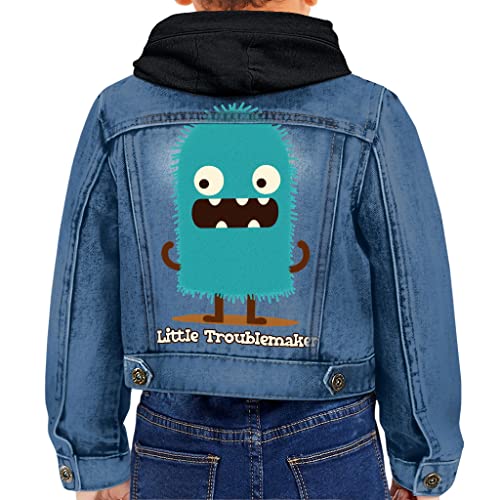 Little Troublemaker Toddler Hooded Denim Jacket - Funny Monster Jean Jacket - Bright Print Denim Jacket for Kids