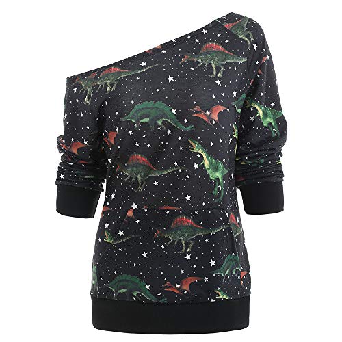 CHARMMA Women's Casual Skew Neck Long Sleeve Star Dinosaur Print Pullover Sweatshirt (Black, M)