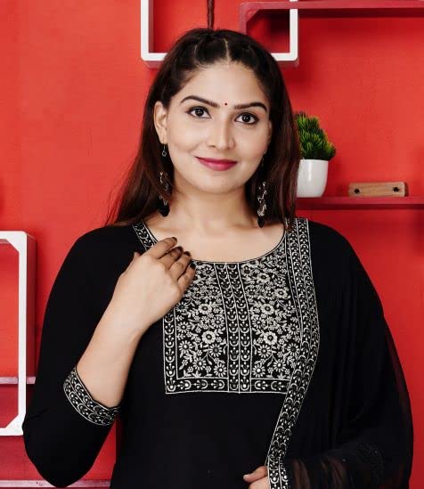 Indian Women's Tunic Tops Straight Rayon Black Kurtis Pant Sets W Chiffon Dupatta/A-Line Kurti Tunics4