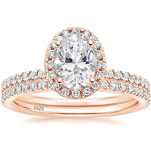 Image of EAMTI 1.5CT 925 Sterling Silver Cubic Zirconia Bridal Rings Sets Oval Cut CZ Engagement Rings Wedding Band For Women Size 4-10