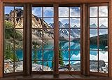 BELECO 7x5ft Fabric Vintage Wooden Window Scenery Backdrop Mountain Lake Backdrop Banff National Park Moraine Lake Canadian Rocky Mountains Background Home Decor Photo Booth Shoot Studio Props