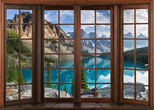 BELECO 7x5ft Fabric Vintage Wooden Window Scenery Backdrop Mountain Lake Backdrop Banff National Park Moraine Lake Canadian Rocky Mountains Background Home Decor Photo Booth Shoot Studio Props