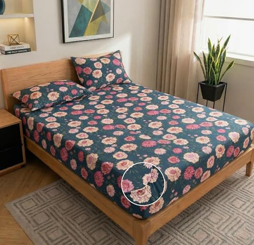 Image of VAS COLLECTIONS Cloud Cotton Corner Elastic Fitted Double Bedsheet Set (78 x 72 + 8 Inches) with 2 Pillow Covers | 160-180 TC Soft Breathable Cotton Fitted Sheet | Bed Sheet (Midnight Bloom)