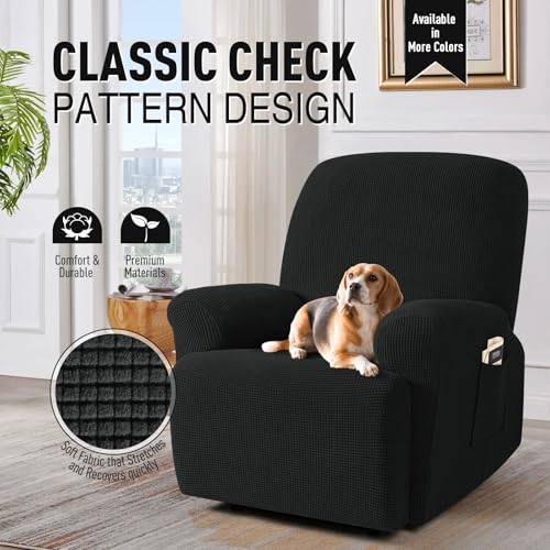 Image of TAOCOCO Recliner Cover 4-Pieces, Stretch Sofa Slipcover, 1 Seater Couch Protector, Soft Furniture Protector With Elastic, Chair Covers Jacquard Pattern (Black)