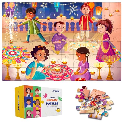 Image of Set of 2, 60 Pieces Each, Diwali & Holi Theme Jigsaw Puzzles for Kids 5+ Years, Festivals of India, Cardboard Puzzle Game for 7-10 Year Olds, Activity Sheets Included