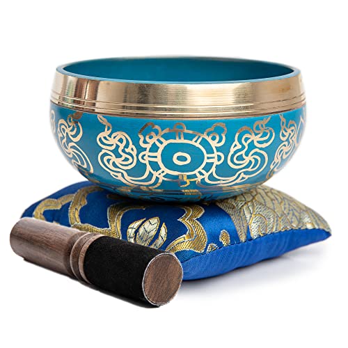 Tibetan Singing Bowl Set Blue - Easy To Play for Beginners - Authentic Handcrafted Mindfulness Meditation Holistic Sound 7 Chakra Healing Gift by Himalayan Bazaar