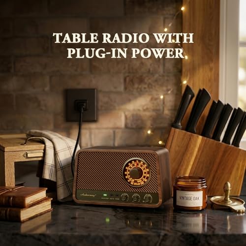 Image of Classic wooden Bluetooth FM radio with 10 watts of powerful sound, retro radio with Bluetooth speaker with amber glowing dial, bass control, Aux input, connector for