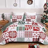 WONGS BEDDING Christmas Quilt Set Queen Size, Reversible Christmas 3-Piece Bedspread Set with Elk Snowflake Pattern, Soft and Lightweight Plaid Quilt Coverlet Bed Set for All Season(96'×90“)