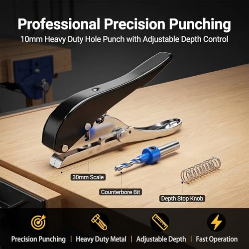 Image of 10mm Metal Hole Punch | Heavy Duty Single Hole Punch with 25-30 Adjustable Depth & Visual Alignment| Spring Loaded Precision Punch Tool for Woodworking, PVC, Plastic Sheets & Office Use