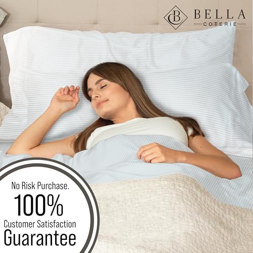 Image of Bella Coterie Luxury Bamboo Viscose Queen Size Sheet Set | 100% Organically Grown | Ultra Soft | Cooling for Hot Sleepers | 18 inch Deep Pocket [Striped Coastal Blue]