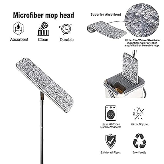 Image of TEKCOOL Mop Heavy Quality Floor Mop with Bucket, Flexible Kitchen tap Flat Squeeze Cleaning Supplies 360 Flexible Head /2 Reusable Pads Clean Home Floor Cleaners: