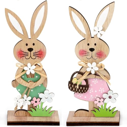 kaiwern Easter Wooden Bunny Standing Tabletop Ornament Rabbit Sign Tabletop Ornament Rabbit Ornament Bunny Spring Decor Easter Wood Tabletop Ornament (A-2pcs) (Pink+Green)